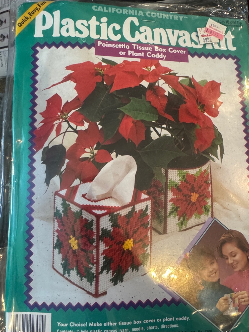 Plastic Canvas Poinsettia Tissue Box Cover kit - Red needle point